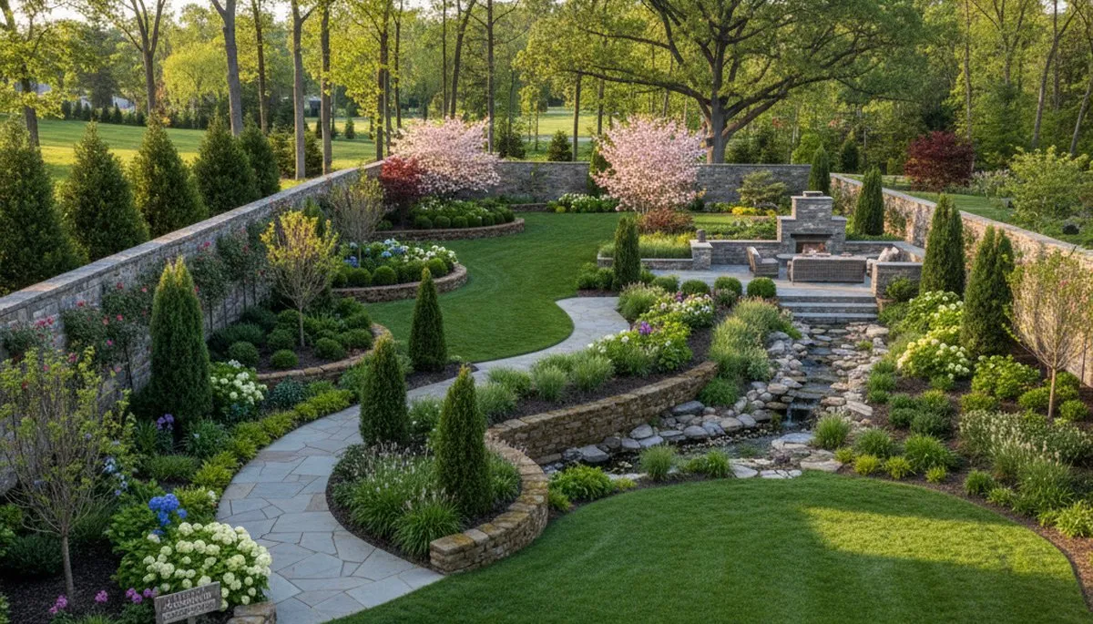 Full property landscape design with lawn, plantings, and hardscape by landscapers in Allentown, PA