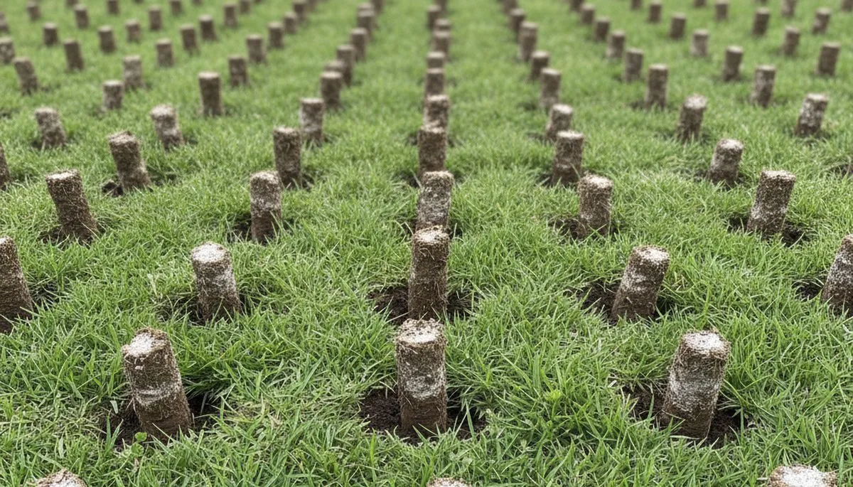 Close-up of soil core plugs from professional lawn aeration in Allentown, PA by Chop Chop Landscaping